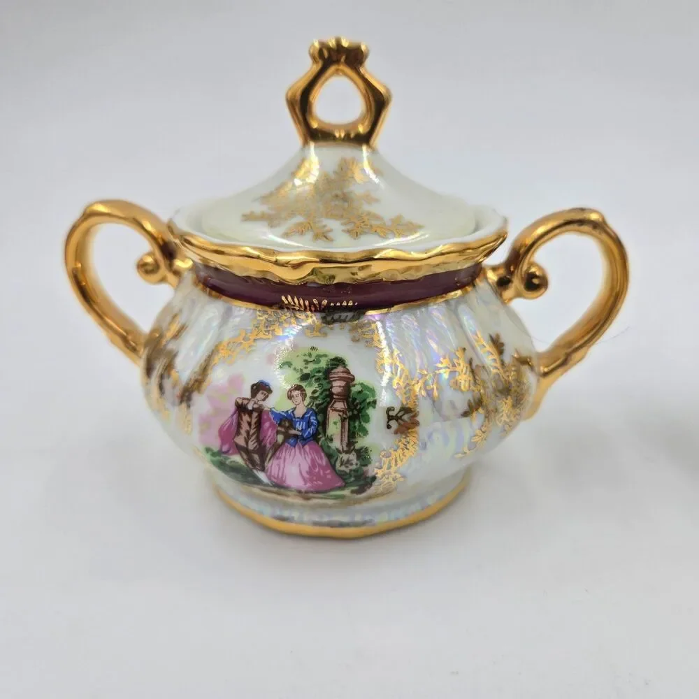 Vintage Victorian SUGAR & CREAMER with GOLD TRIM Floral Cameo Scene Iridescent